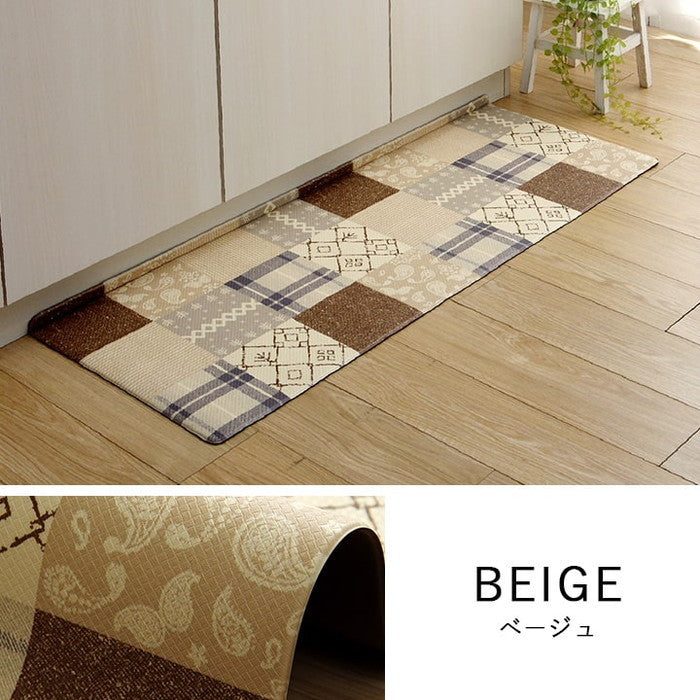 キッチンマット PVC使用 お手入れ簡単 拭ける お掃除ロボ対応 すべりにくい 薄手 耐圧分散 北欧風 カントリー調 約45×240cm ベージュ ピンク ihk-1301310020801の画像