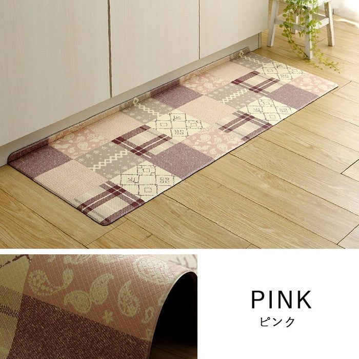キッチンマット PVC使用 お手入れ簡単 拭ける お掃除ロボ対応 すべりにくい 薄手 耐圧分散 北欧風 カントリー調 約45×240cm ベージュ ピンク ihk-1301310020801の画像