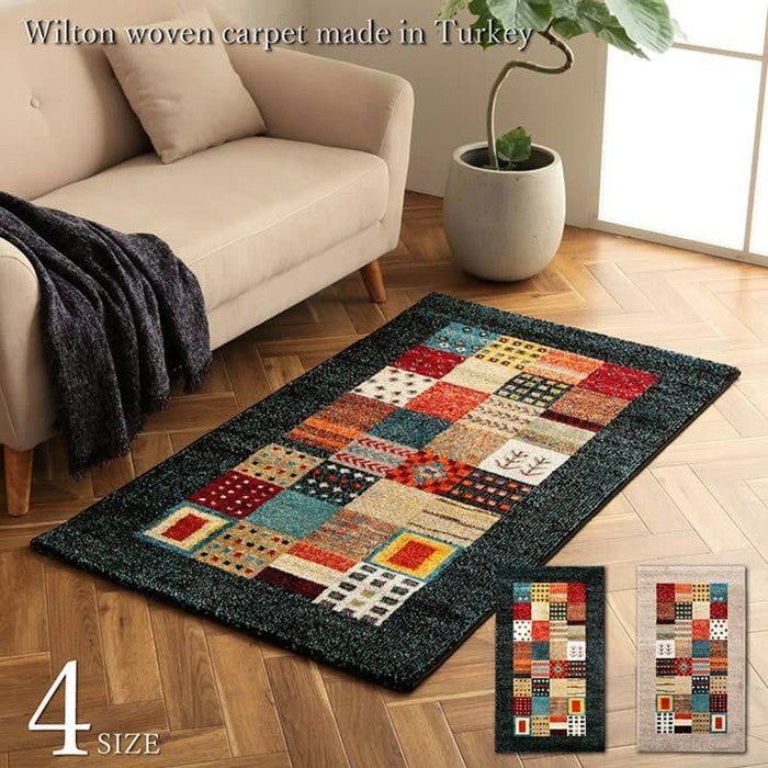 トルコ製 ウィルトン織り カーペット ギャッペ調ラグ 約80×140cm ベージュ ネイビー ihk-1321390020101の画像