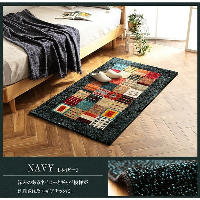 トルコ製 ウィルトン織り カーペット ギャッペ調ラグ 約80×140cm ベージュ ネイビー ihk-1321390020101の画像