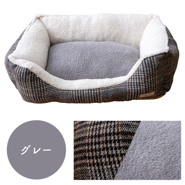 ペット 犬 猫 ベッド スクエア あったか 冬 保温シート フェイクファー ボア ツイード柄 滑り止め付き ブラウン M 約46×31×17cm ブラウン グレー ihk-1410320023216の画像