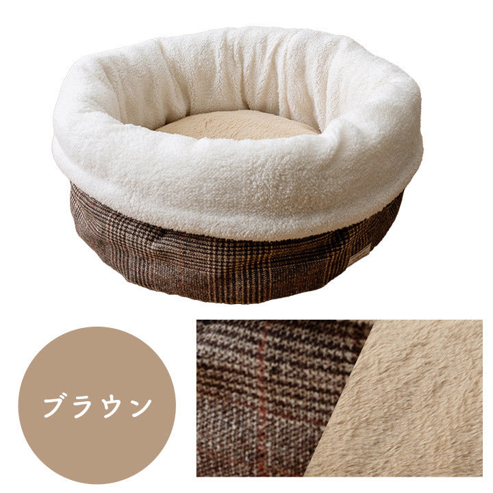 ペット 犬 猫 ベッド ラウンド あったか 冬 保温シート フェイクファー ボア ツイード柄 滑り止め付き ブラウン L 約50cm丸 ブラウン グレー ihk-1410320026323の画像