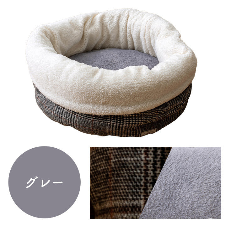 ペット 犬 猫 ベッド ラウンド あったか 冬 保温シート フェイクファー ボア ツイード柄 滑り止め付き ブラウン L 約50cm丸 ブラウン グレー ihk-1410320026323の画像