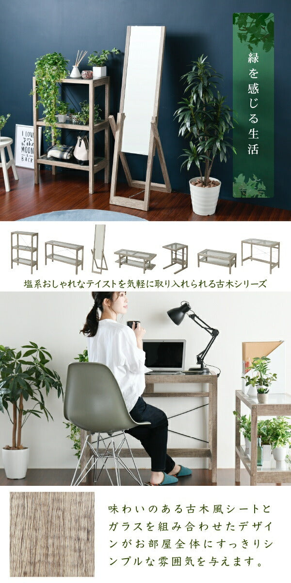 グリーンインテリア デスク 幅90 ガラス 古材 古木 インテリア 奥行45 グリーン 観葉植物 シャビー 植物 棚 ラック おしゃれ 木製 机 pc リビング jk-faw-0003の画像