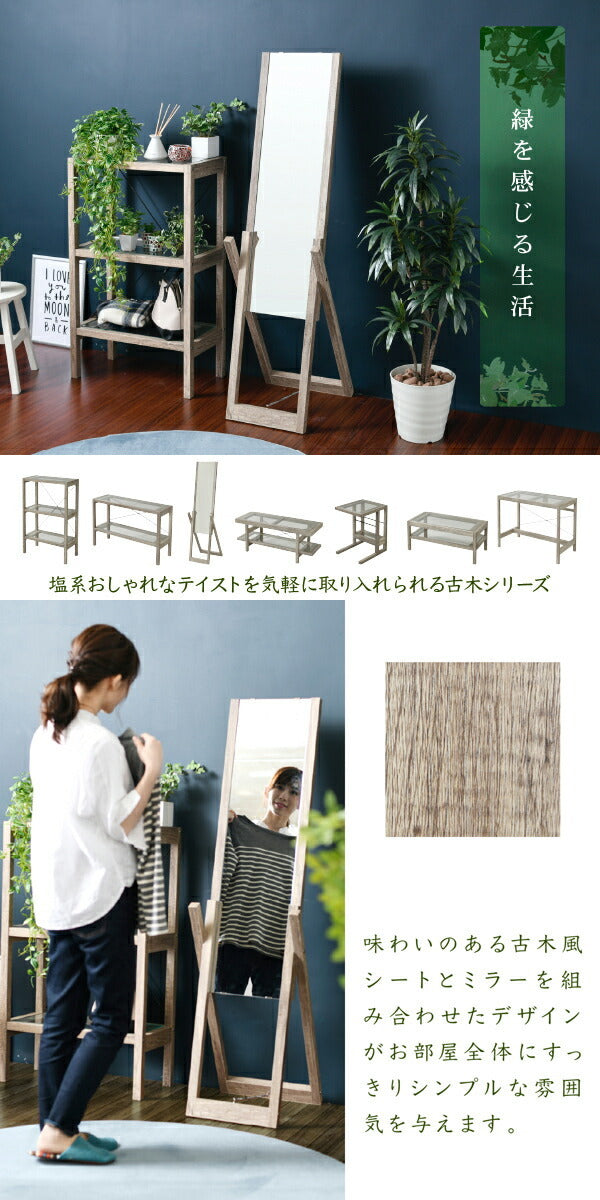グリーンインテリア スタンドミラー 姿見 ガラス インテリア グリーン 観葉植物 シャビー 多肉植物 棚 ラック おしゃれ シンプル 一人暮らし 木製 古材 jk-faw-0008の画像