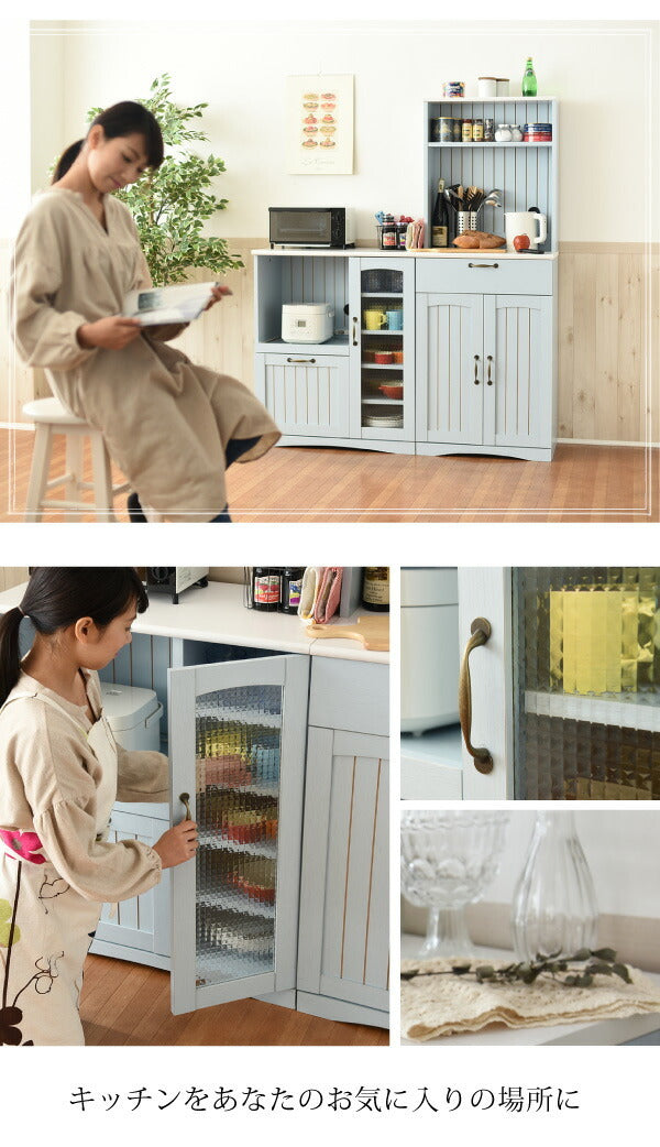 フレンチカントリー キッチンカウンター レンジ台 幅 75 高さ 90 スライド棚 付 コンセント 付 キッチン収納 収納 棚 ガラス扉 姫 jk-ffc-0005の画像