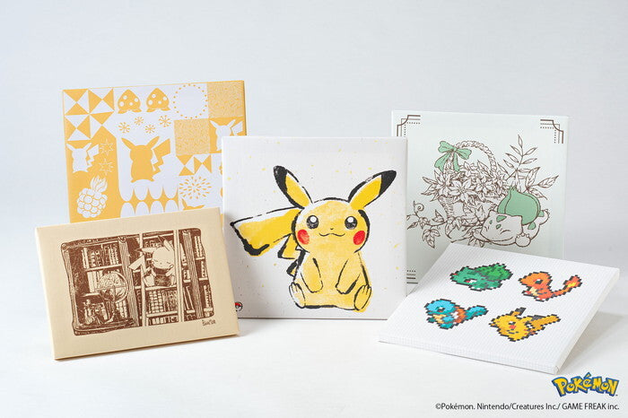 ポケモン アートパネル  ピカチュウ  ヒトカゲ フシギダネ ゼニガメ 墨ブラシ ドット ピクセル 筆書き セピア ボタニカル  ポケットモンスター ファブリックパネル キャンバスアート 日本製 子供部屋の画像