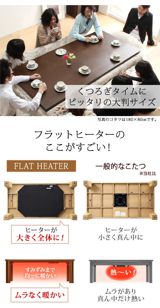 こたつ 長方形 大判サイズ モダンリビング継ぎ脚こたつ フラットディレット 150x80cm フラットヒーター 大判フラットヒーター 継脚 高さ調整 テーブル ローテーブル 炬燵 コタツ モダン 天然木 木製 日本製 国産  mu-11100410の画像
