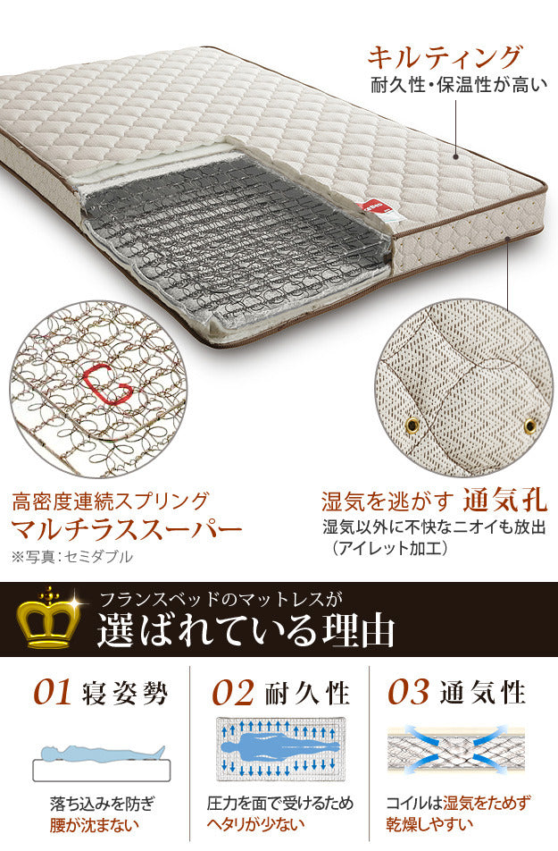 フランスベッド マルチラススーパースプリングマットレス ダブル 高密度連続スプリングマットレス 防ダニ 抗菌 防臭 寝具 日本製 国産 マットレスのみ mu-61400109の画像