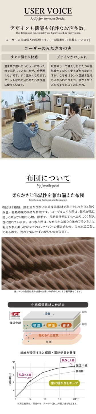 フラットヒーター折れ脚こたつ フラットモリス 105x75cm 保温綿入こたつ布団付き 2点セット SAI 彩 長方形 テーブル 折りたたみ コタツ 炬燵 フラットヒーター 掛け布団付き コーデュロイ リビング ローテーブル 節電 高さ調節 継ぎ脚 北欧 エルク柄 木製 木目 mu-i-3302202の画像