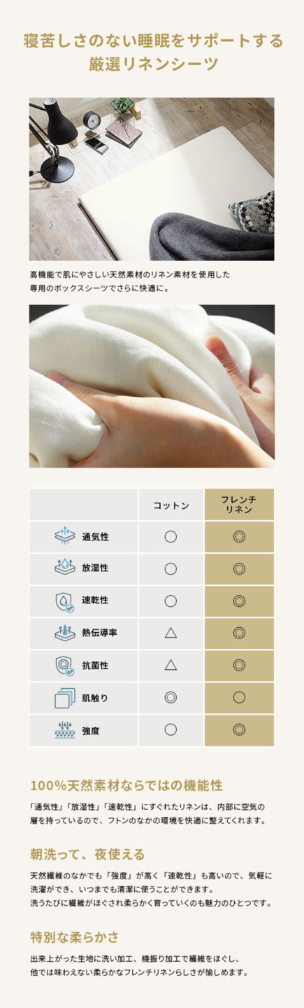 ボックスシーツ マットレスカバー karari PREMIUM カラリプレミアム専用 フレンチリネン ボックスシーツ 単品 シングル用 S用 リネン100% 通気性 放湿性 速乾性 mu-krbs25の画像