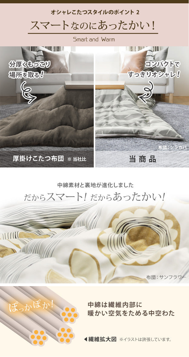 こたつ 長方形 大判サイズ 楢ラウンド折れ脚こたつ フラットリラ 150x80cm 日本製厚手カーテン生地の北欧柄こたつ布団セット フラットヒーター こたつ布団セット 継ぎ脚 角が丸い テーブル ローテーブル 炬燵 コタツ モダン 天然木 木製 日本製   mu-n11100414の画像