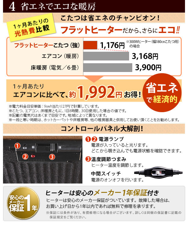 こたつ 長方形 大判サイズ 楢ラウンド折れ脚こたつ フラットリラ 180x80cm 日本製厚手カーテン生地の北欧柄こたつ布団セット フラットヒーター こたつ布団セット 継ぎ脚 角が丸い テーブル ローテーブル 炬燵 コタツ モダン 天然木 木製 日本製   mu-n11100416の画像