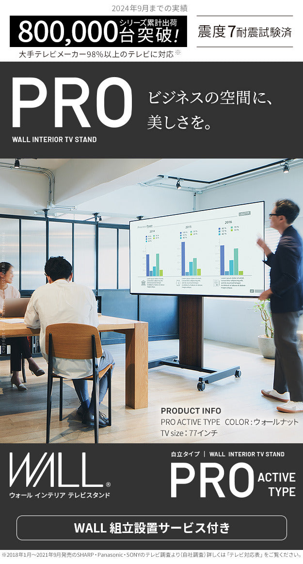 組立設置付き WALLインテリアテレビスタンドPRO アクティブタイプ 32~80v対応 デジタルサイネージ対応 ハイタイプ キャスター付き 移動式 自立型 オフィス 会議室用 店舗用 ホワイト 白 ブラック 黒 ブラウン 震度7耐震試験済み mu-wktvd5の画像