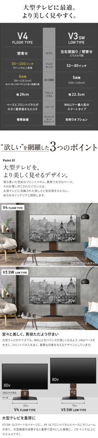 組立設置付き WALLインテリアテレビスタンドV4 フロアタイプ50?100v対応 壁寄せテレビ台 TVスタンド 大型テレビ専用 背面収納 コード収納 ホワイト 白 ブラック 黒 ウォールナット ブラウン 震度7耐震試験済み mu-wktvj5の画像