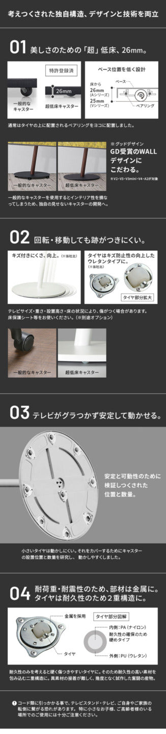 組立設置付き WALL SEVENSTAND セブンスタンド A2 ラージタイプ 45?80v対応 大型テレビ対応 コード収納 自立型 キャスター付き 移動 フラット 薄型ベース テレビ台 テレビスタンド TVスタンド 震度7耐震 シンプル スタイリッシュ ウォール テレビスタンド mu-wktvl6の画像