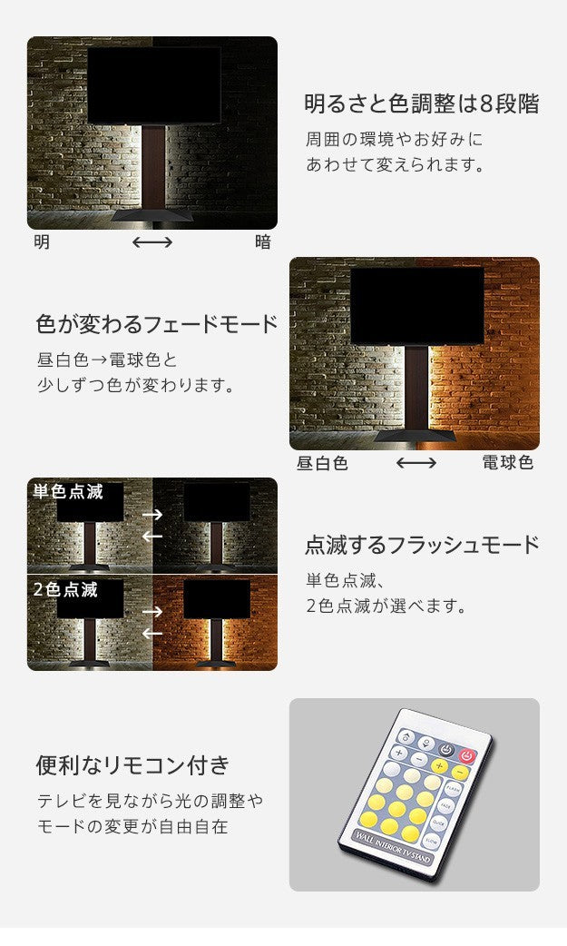 WALLインテリアテレビスタンドV2 V3 V4 V5対応 LED間接照明 ロータイプ用 テレビスタンド対応 リモコン付 リモコンで操作できる シアターライト ホームシアター DVD鑑賞 調光 調色 部品 パーツ おしゃれ WALLオプション mu-wlld95の画像