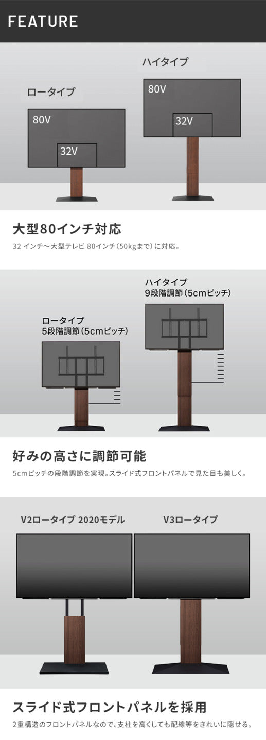 WALLインテリアテレビスタンドV3 ロータイプ 32?80v対応 壁寄せテレビ台 TVスタンド 背面収納 コード収納 ホワイト 白 ブラック 黒 ウォールナット ブラウン ナチュラル 木目 震度7耐震試験済み グッドデザイン賞受賞 テレビ台 mu-wltvb5の画像