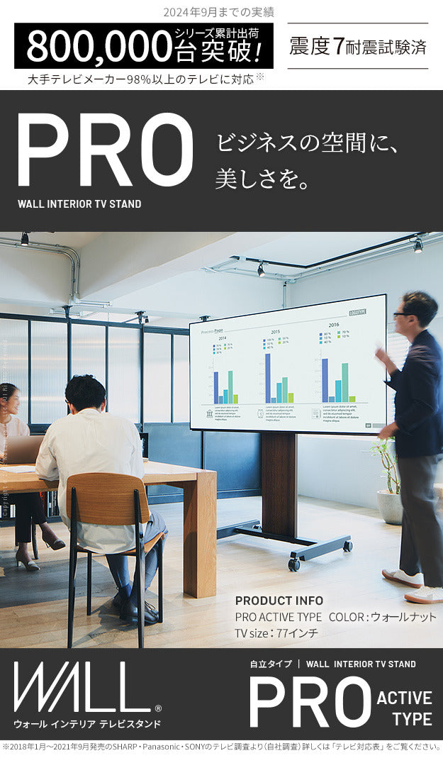WALLインテリアテレビスタンドPRO アクティブタイプ 32~80v対応 デジタルサイネージ対応 ハイタイプ テレビ台 キャスター付き 移動式 自立型 オフィス 会議室用 店舗用 ホワイト 白 ブラック 黒 ブラウン 震度7耐震試験済み mu-wltvd5の画像