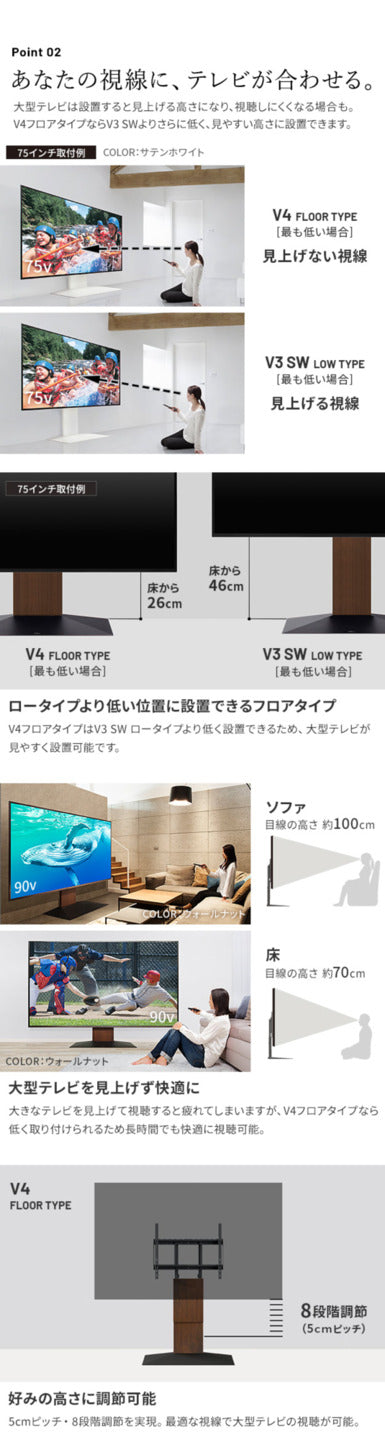 WALLインテリアテレビスタンドV4 フロアタイプ 50?100v対応 壁寄せテレビ台 TVスタンド 大型テレビ専用 背面収納コード収納 ホワイト 白 ブラック 黒 ウォールナット ブラウン 震度7耐震試験済み テレビ台 mu-wltvj5の画像
