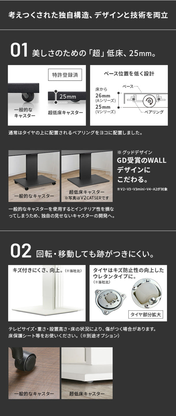 WALLインテリアテレビスタンドV5 ロータイプ+棚板レギュラーサイズ 2点セット 32~80v対応 壁寄せテレビ台 テレビボード TVスタンド 背面収納 コード収納 ホワイト 白 ブラック 黒 ウォールナット ブラウン mu-wstvanの画像