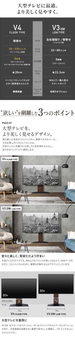 WALLインテリアテレビスタンドV4+棚板セット 2点セット 50~100v対応 フロアタイプ 壁寄せテレビ台 テレビボード TVスタンド 背面収納 コード収納 ホワイト 白 ブラック 黒 ウォールナット ブラウン テレビ台 mu-wstvjzの画像