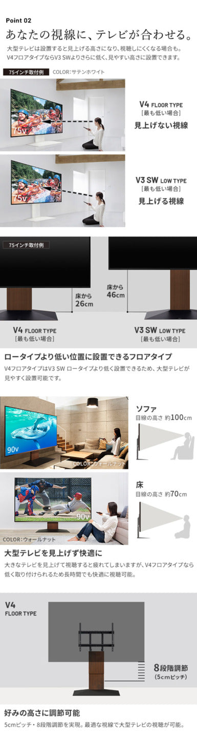 WALLインテリアテレビスタンドV4+棚板セット 2点セット 50~100v対応 フロアタイプ 壁寄せテレビ台 テレビボード TVスタンド 背面収納 コード収納 ホワイト 白 ブラック 黒 ウォールナット ブラウン テレビ台 mu-wstvjzの画像