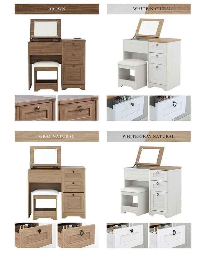 ANRI アンリ デスク ドレッサー 80cm幅 ホワイト オークナチュラル グレーナチュラル ホワイト×グレーナチュラル ブラウン ホワイトウォッシュ（木目調ホワイト） W800×D400×H700mm sat-an70-80dの画像