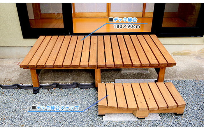 デッキ縁台180×90 3点セット ウッドデッキ風 簡単 縁側 本格的 DIY 木製 天然木 庭 ベランダ マンション おしゃれ 小型 北欧 ガーデン 屋外 家具 ライトブラウン ダークブラウン smi-de-18090-3psetの画像
