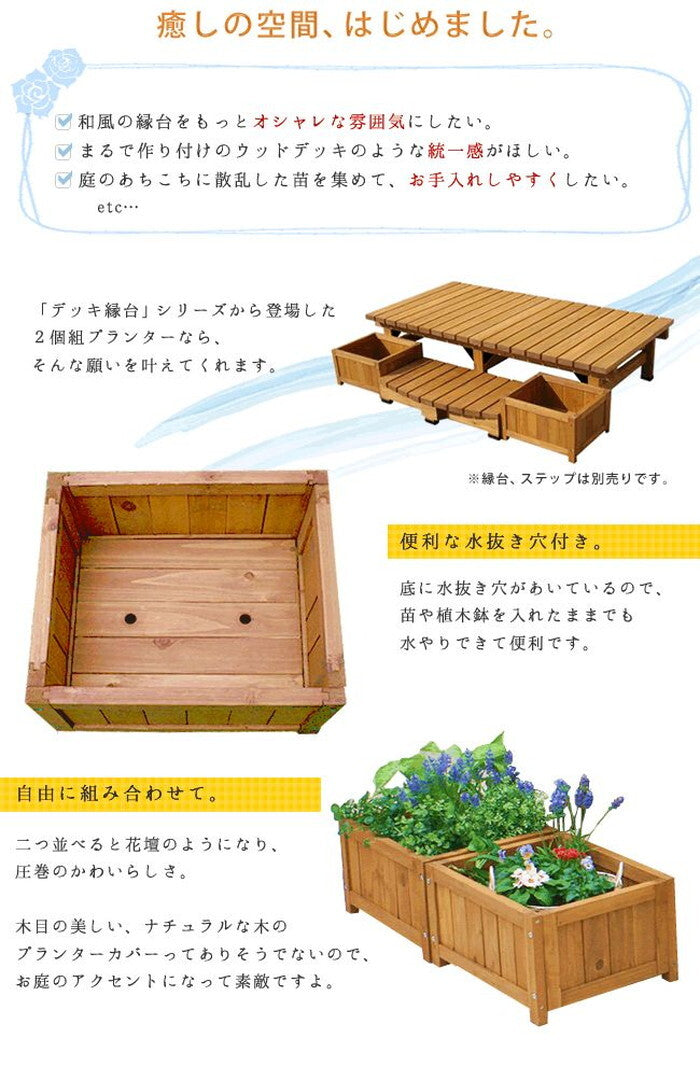 デッキ縁台プランター2個組 プランター プランターカバー DIY 木製 天然木 庭 ベランダ マンション おしゃれ 北欧 ナチュラル ガーデニング 屋外 smi-dep-2lb45の画像