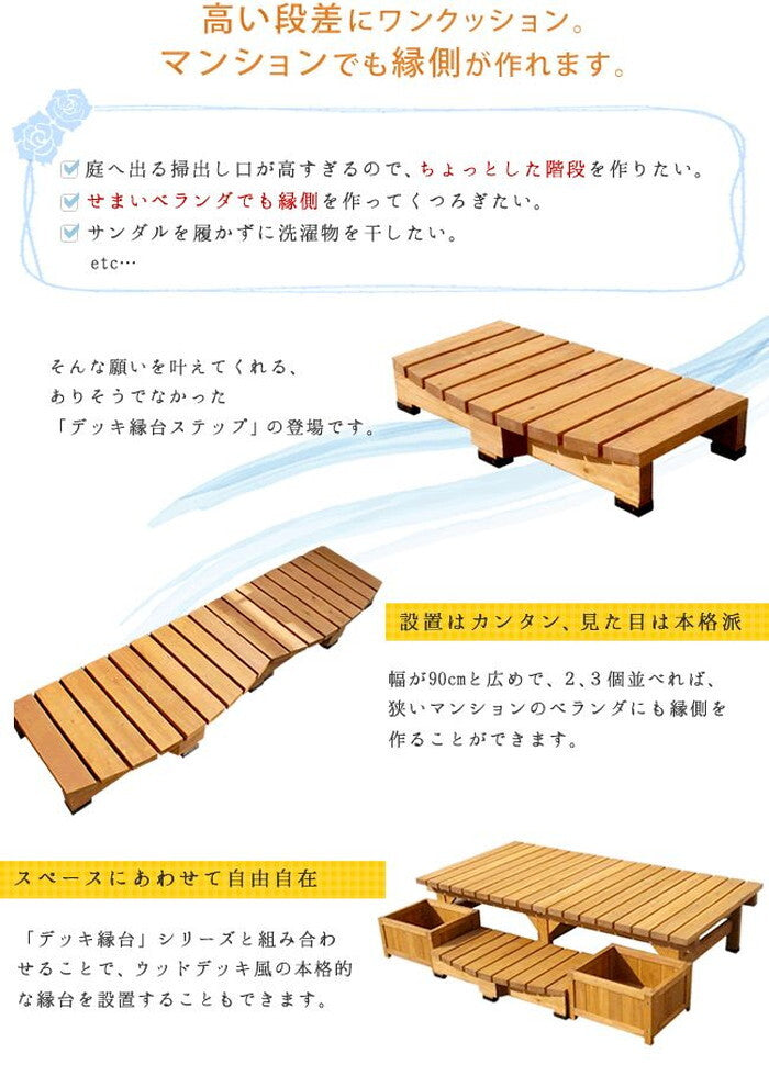 デッキ縁台ステップ ライトブラウン/ダークブラウン 踏み台 チェア 階段 ウッドデッキ風 簡単 縁側 本格的 DIY 木製 天然木 庭 ベランダ マンション おしゃれ 小型 北欧 ガーデン 屋外 家具 smi-des-90の画像