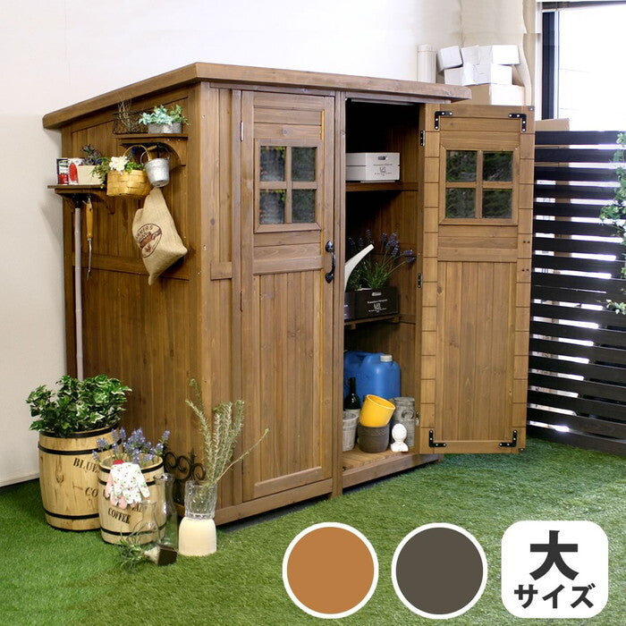 カントリー小屋 大サイズ 物置 倉庫 収納庫 天然木 木製 庭 物入れ おしゃれ 大型 北欧 ナチュラル ガーデニング キャンプ スポーツ 屋外 家具 ライトブラウン ダークブラウン smi-dns-0177の画像