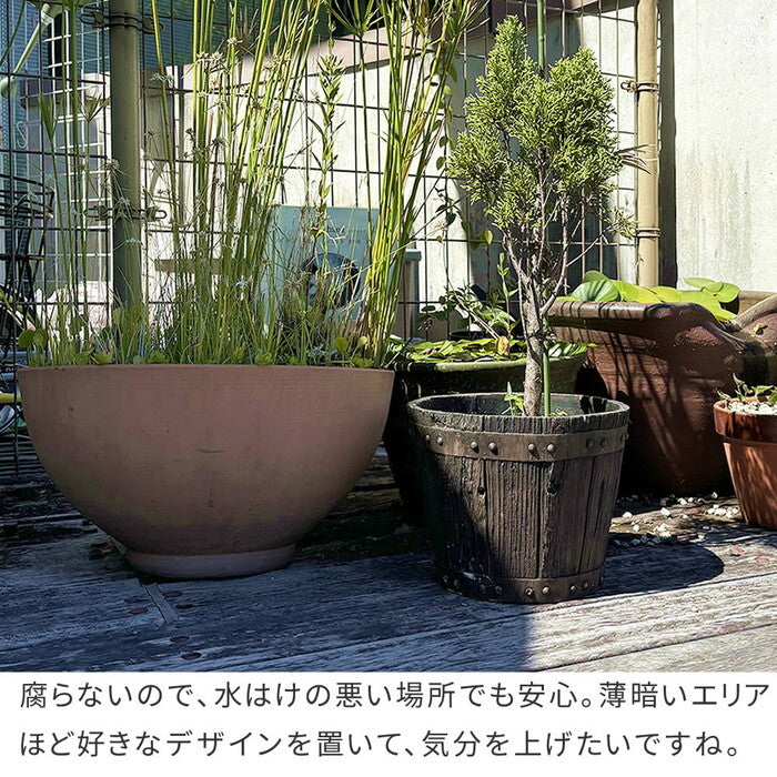 FRP製バレル型プランター 大小2個組 直径24・30cm EBP-2430DBR アンティーク 大型 プランター 円形 樽型 植木鉢 8号 10号 プランターカバー ガーデン おしゃれ 庭 ベランダ 屋外 FRP 家庭菜園 smi-ebp-2430の画像