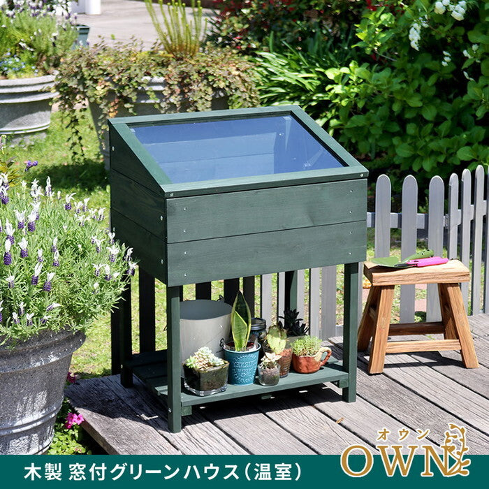 木製窓付グリーンハウス 温室 OWN オウン GRH45DGR 温室 木製 ウッド 簡易 観葉植物 多肉植物 ガーデン 園芸 おしゃれ 飼育 ケース 保温 smi-grh45の画像
