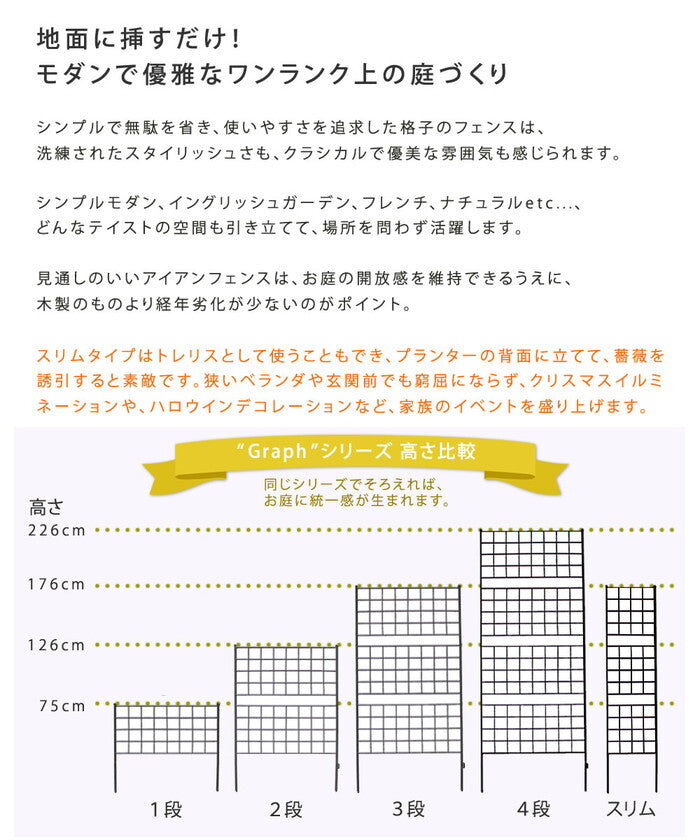 アイアンフェンス 高さ176 スリム グラフ 2枚組 フェンス アイアン ガーデンフェンス ガーデニング 枠 柵 仕切り 目隠し 境目 クラシカル アンティーク 格子 ベランダ つる 薔薇 バラ 朝顔 園芸 ラティス つるバラ 庭誘引 屋外 smi-if-gr025-2pの画像