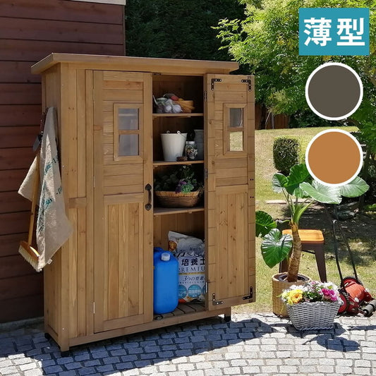 天然木製カントリー小屋 薄型 物置 倉庫 収納庫 天然木 木製 庭 物入れ おしゃれ 大型 北欧 ナチュラル ガーデニング キャンプ スポーツ 屋外 家具 ライトブラウン ダークブラウン 木製収納庫 diy 物置小屋 キット 棚 木目調 smi-kcsl1260の画像