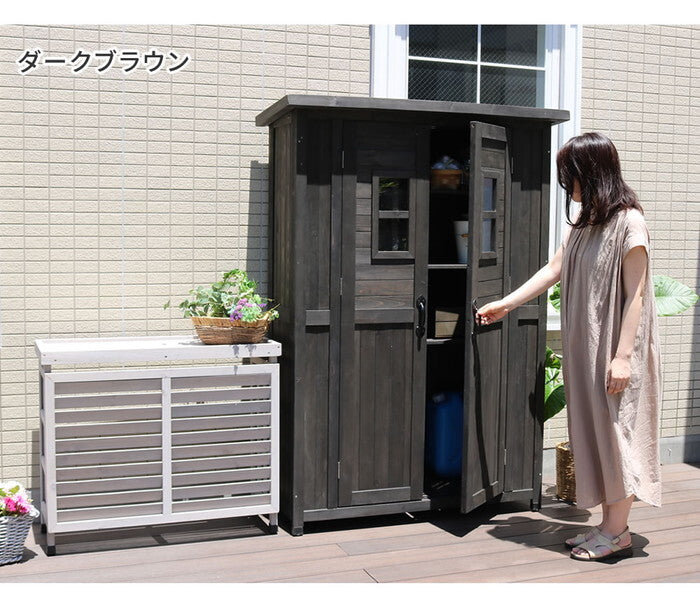 天然木製カントリー小屋 薄型 物置 倉庫 収納庫 天然木 木製 庭 物入れ おしゃれ 大型 北欧 ナチュラル ガーデニング キャンプ スポーツ 屋外 家具 ライトブラウン ダークブラウン 木製収納庫 diy 物置小屋 キット 棚 木目調 smi-kcsl1260の画像