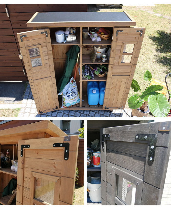 天然木製カントリー小屋 薄型 物置 倉庫 収納庫 天然木 木製 庭 物入れ おしゃれ 大型 北欧 ナチュラル ガーデニング キャンプ スポーツ 屋外 家具 ライトブラウン ダークブラウン 木製収納庫 diy 物置小屋 キット 棚 木目調 smi-kcsl1260の画像