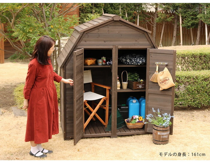 ギャンブレル・ルーフ 木製収納庫 物置 倉庫 収納庫 天然木 木製 庭 物入れ おしゃれ 大型 北欧 ナチュラル ガーデニング キャンプ スポーツ 屋外 家具 三角屋根 木製収納庫 diy 物置小屋 キット 棚 北欧調 smi-kgam-1850の画像
