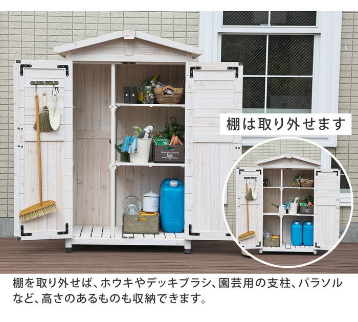 三角屋根収納庫 物置 倉庫 収納庫 天然木 木製 庭 物入れ おしゃれ 大型 北欧 ナチュラル ガーデニング キャンプ スポーツ 屋外 家具 ライトブラウン ホワイト smi-kgrs1600の画像