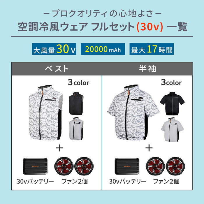 空調冷風ウェア 半袖 ・フルセット 30V KW-ALL24-SS バッテリー 20000mAh 大容量 高出力 UVカット 撥水 横 サイド ファン クール 風 空調 服 女性もOK 建設 作業服 熱中症 暑さ対策 夏 アウトドア 釣り smi-kw-all24-ssの画像