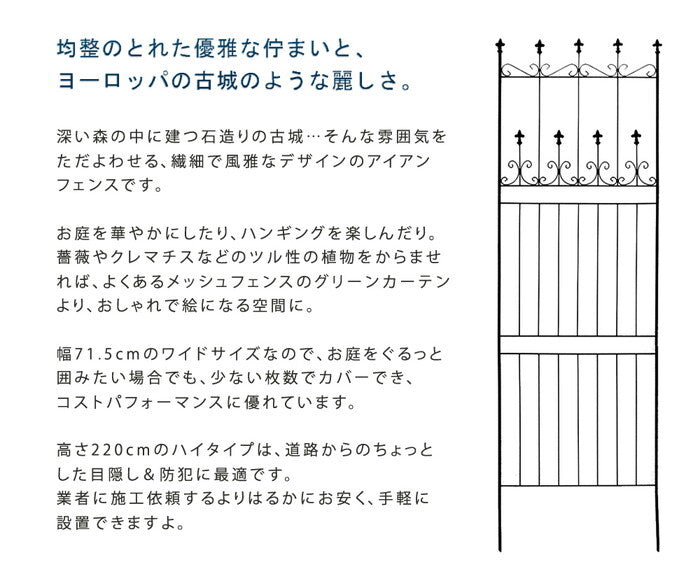 オールドシャトーフェンス220 ハイタイプ 2枚組 フェンス アイアン ガーデンフェンス ガーデニング 枠 柵 仕切り 目隠し 境目 クラシカル アンティーク トレリス ベランダ つる 薔薇 バラ 朝顔 園芸 ラティス つるバラ 庭誘引 屋外 smi-oc001h-2pの画像