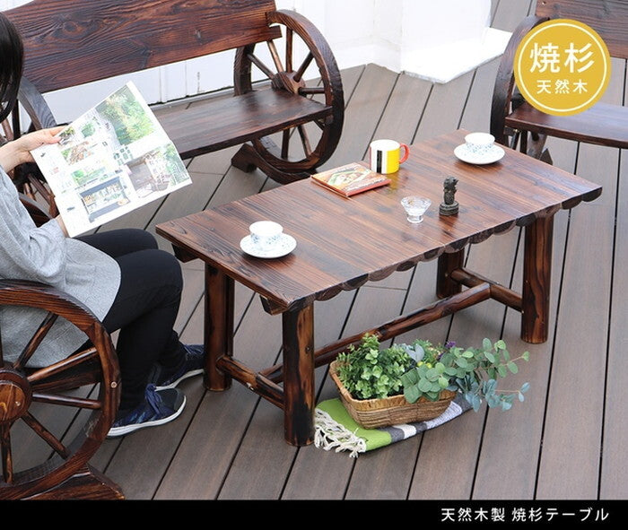 焼杉テーブル 簡単組立 天然木 木製 ガーデンテーブル ロー 丸太 車輪ベンチシリーズ 庭 公園 店舗 ショップ 什器 新築祝い 車輪 ログ カントリー 民芸 焼杉 古木調 テーブル アンティーク チェア ベンチ 縁台 和風 モダン smi-wb-t550dbrの画像