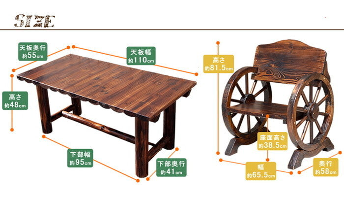 車輪ベンチ＆焼杉テーブル3点セット ベンチ小2台＋テーブル 簡単組立 天然木 木製 ガーデンテーブル 丸太 車輪ベンチシリーズ 庭 公園 什器 車輪 ログ カントリー 焼杉 古木調 テーブル チェア ベンチ 縁台 和風 モダン smi-wbt650-3pset-dbrの画像