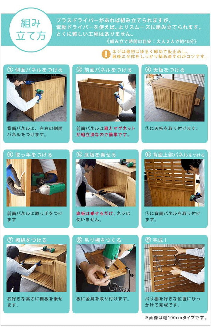 天然木 パネル付き収納庫80 倉庫 屋外 室内 ガーデン コンテナ ベランダ 木製 作業棚 吊り棚 smi-yb-202nw80の画像