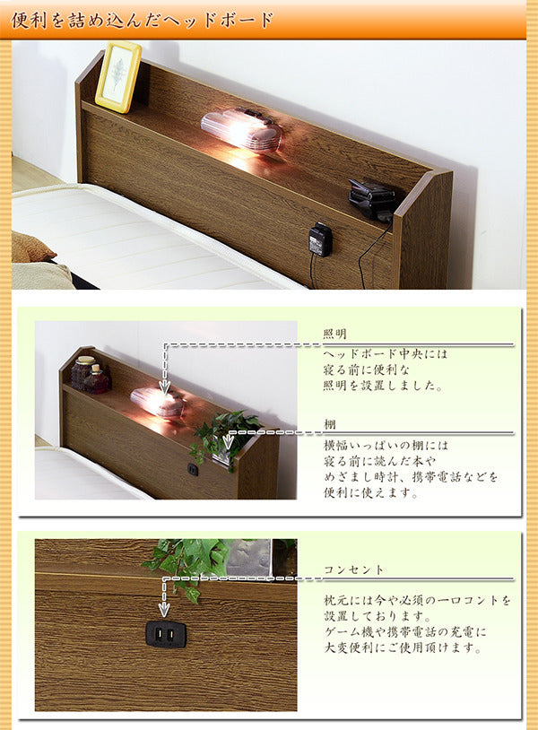 棚 コンセント 照明付フロアベッド ワイドキング280 SGマーク付国産ポケットコイルスプリングマットレス付 to-10-268-wk280-108618の画像