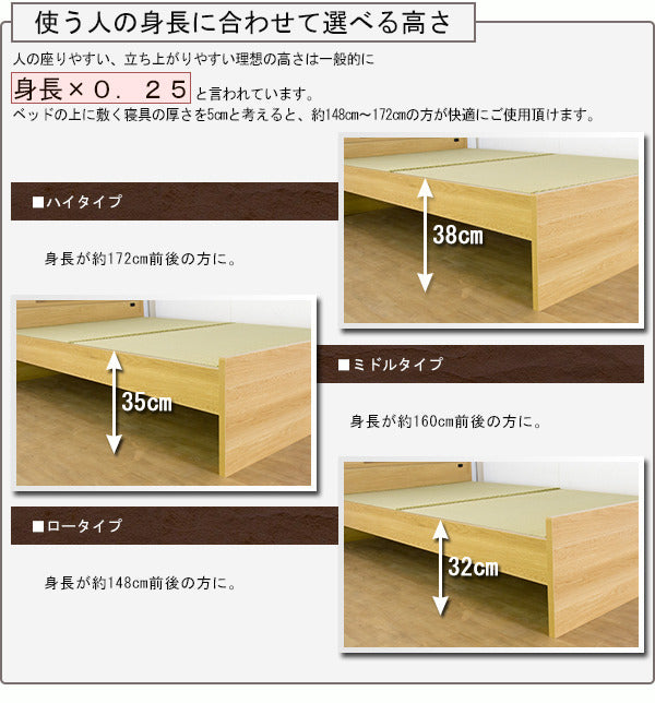 高さが3段階で調整できる 棚 コンセント 照明 付畳ベッド ダブル ウレタン入りクッション畳付 to-10-316-d-urethane